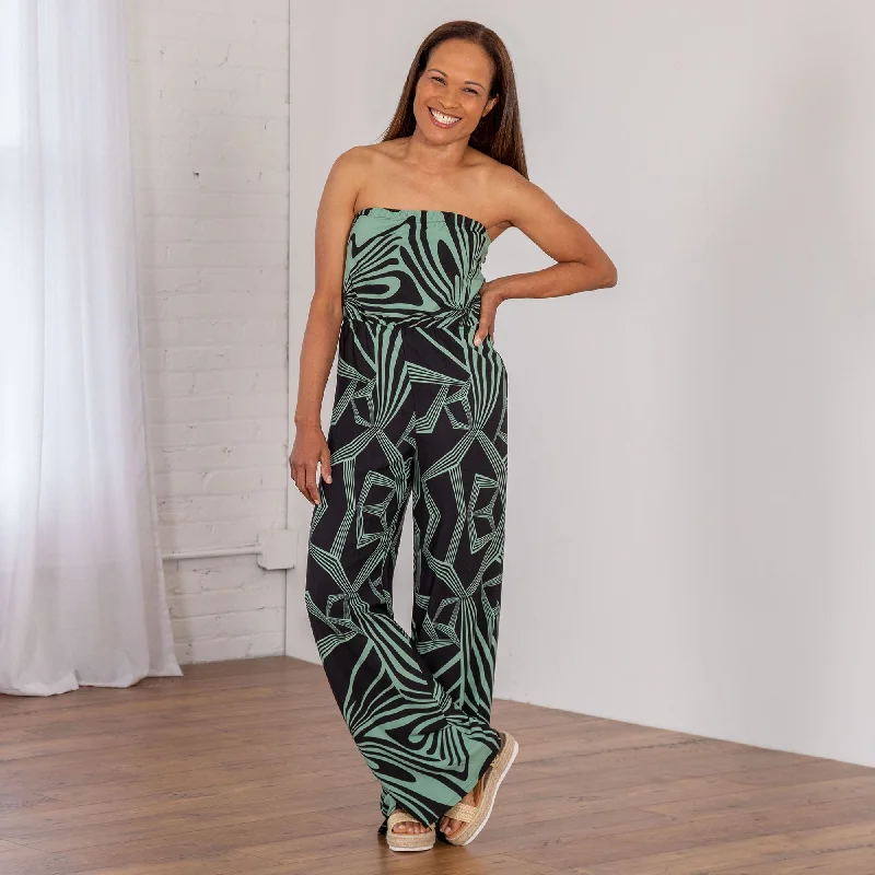 Geo Print Tie Back Strapless Jumpsuit