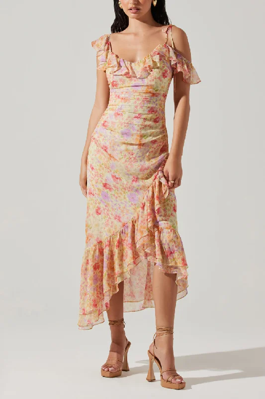 Luvita Floral Ruffle Chiffon Midi Dress