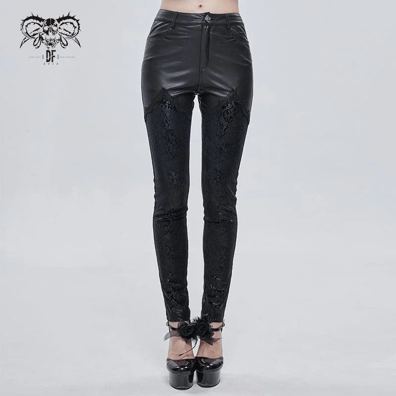 Women's Gothic Lace Splice Faux Leather Leggings