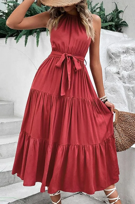 TIED WAIST TIERED HALTER DRESS