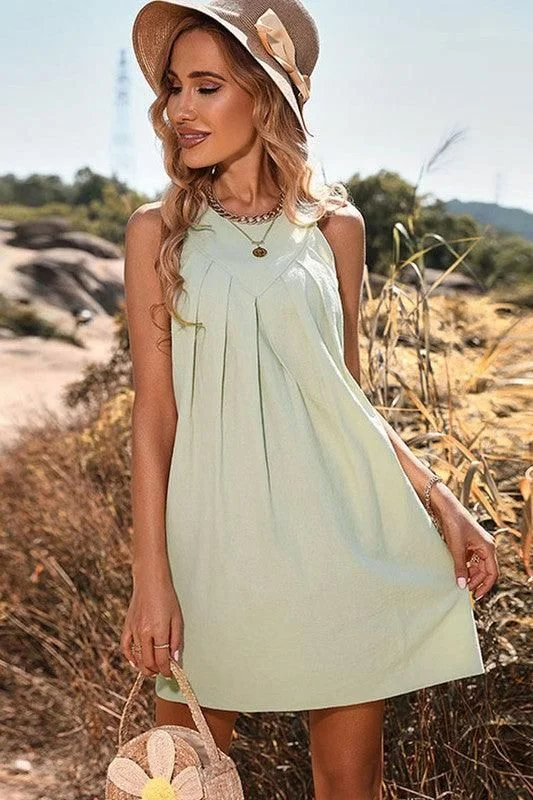 SLEEVELESS HALTER NECK RUFFLE CASUAL SHORT DRESS