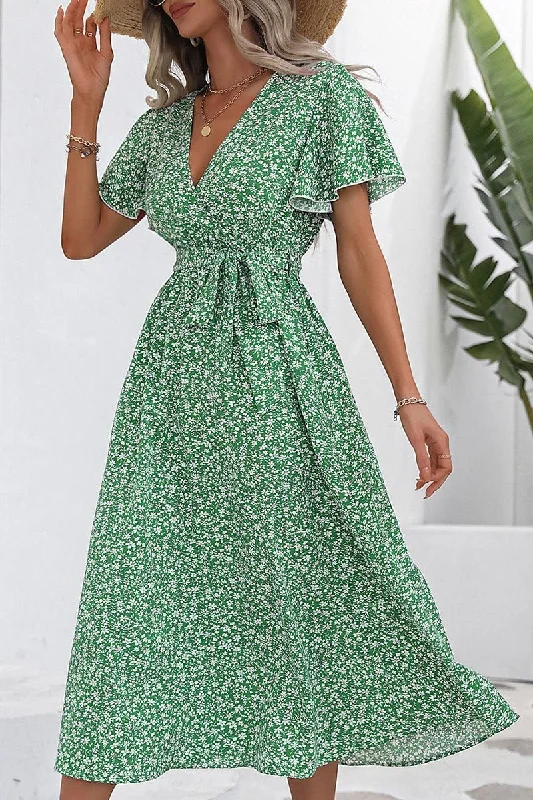 WOMEN RUFFLED SLEEVE HIGH WAIST SWING DRESS