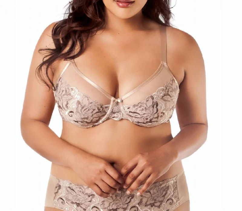 Pearl Lotus Embroidered Underwire Bra In Bombshell Nude