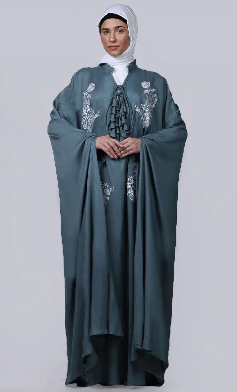 Women's  grey new embroidered patch work detailing Kaftan Style Abaya