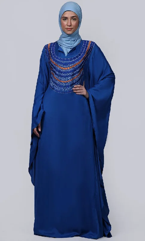 Women's Royal Blue New Embroidered Work Detailing Kaftan Style Abaya