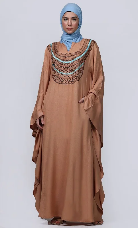 Women's Sand New Embroidered Work Detailing Kaftan Style Abaya