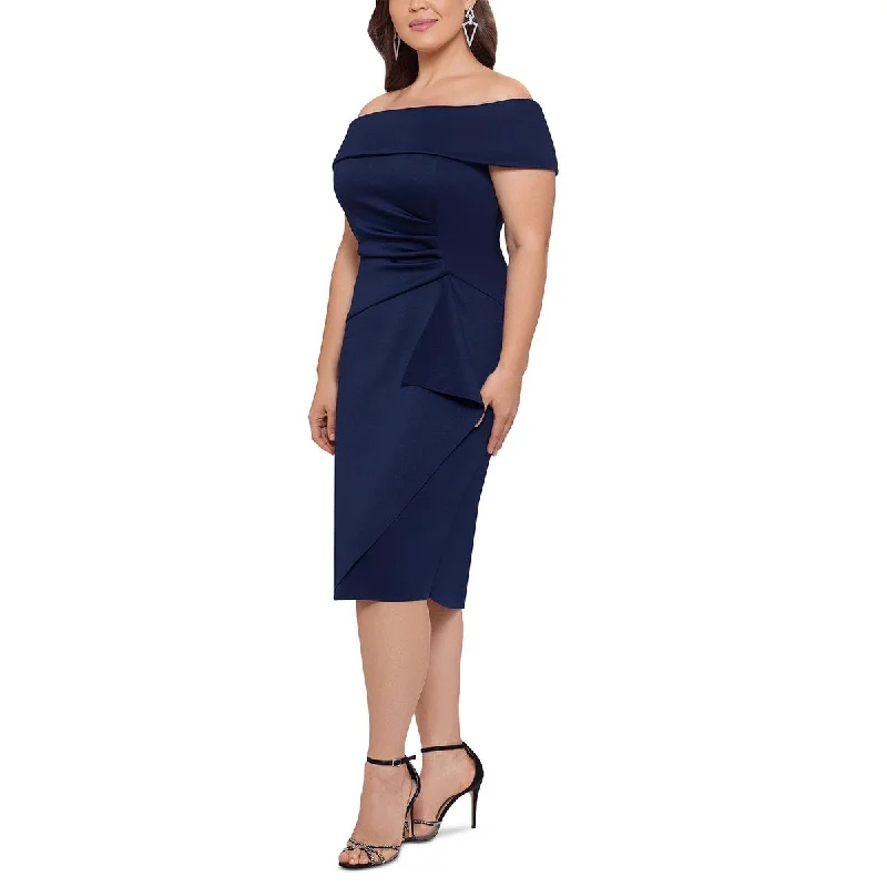 Xscape Womens Plus Faux Wrap Midi Cocktail and Party Dress