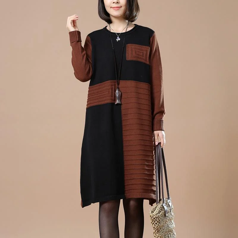 Brick red blocks women sweaters oversized dress