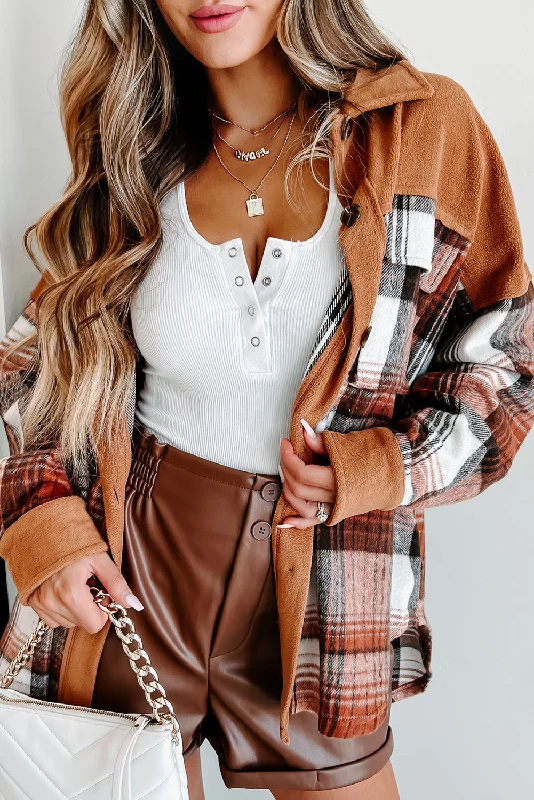 Khaki Plaid Patchwork Flap Pockets Buttoned Shacket