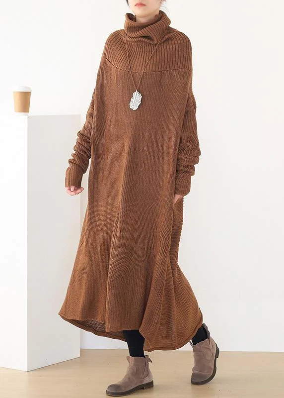 Women back open Sweater high neck dress outfit plus size drak brown daily knit dresses