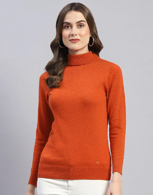 Women Rust Solid H Neck Full Sleeve Sweater