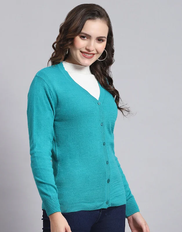 Women Turquoise Blue Solid V Neck Full Sleeve Sweater